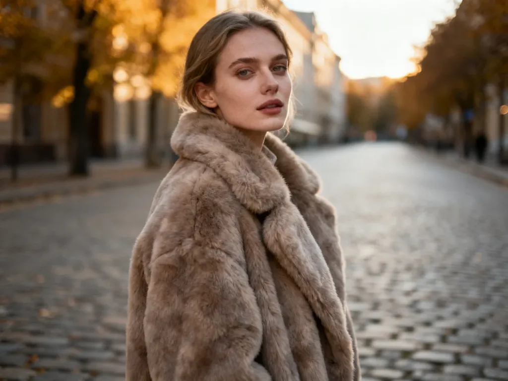 Stylowa kobieta w miękkim futerku na tle jesiennej ulicy, prezentująca elegancką i przytulną stylizację.