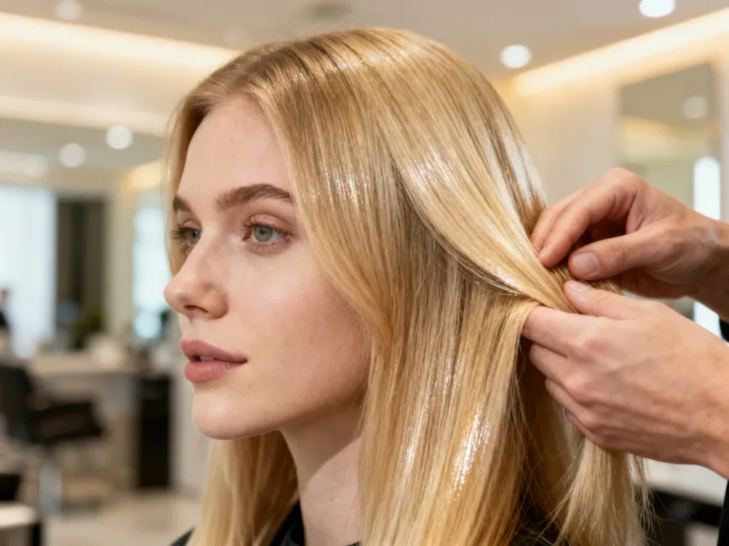 Fryzjer delikatnie dotykający zdrowych, lśniących blond włosów w profesjonalnym salonie.