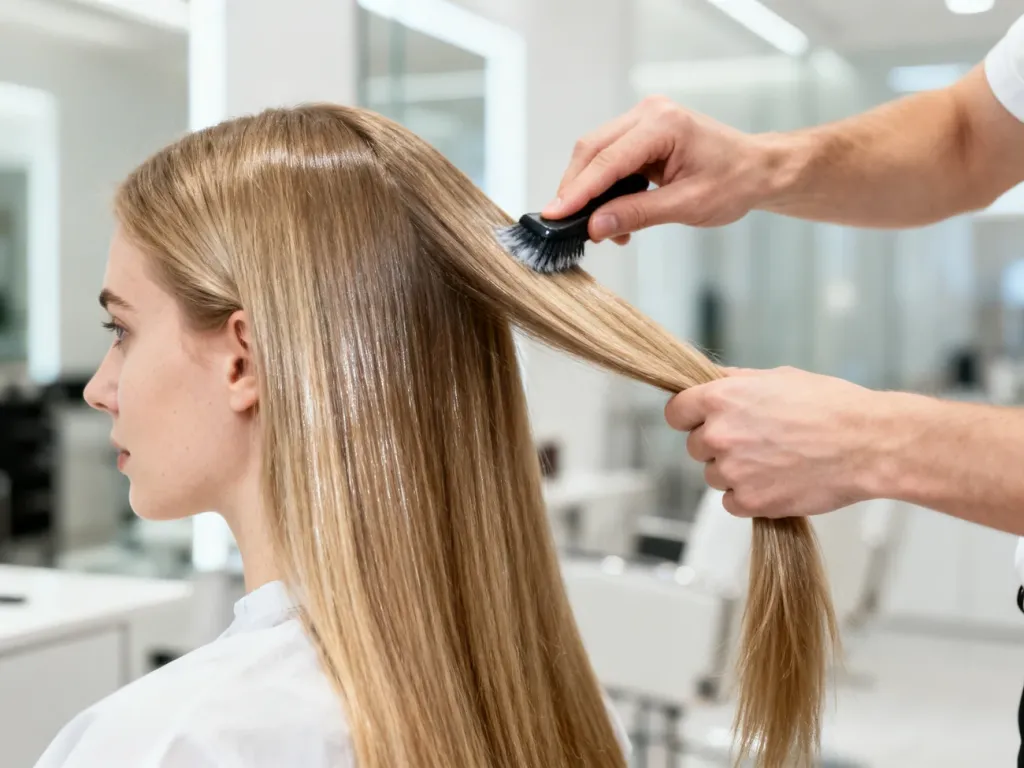 Fryzjerka nakłada preparat na długie, lśniące włosy klientki w nowoczesnym salonie fryzjerskim.