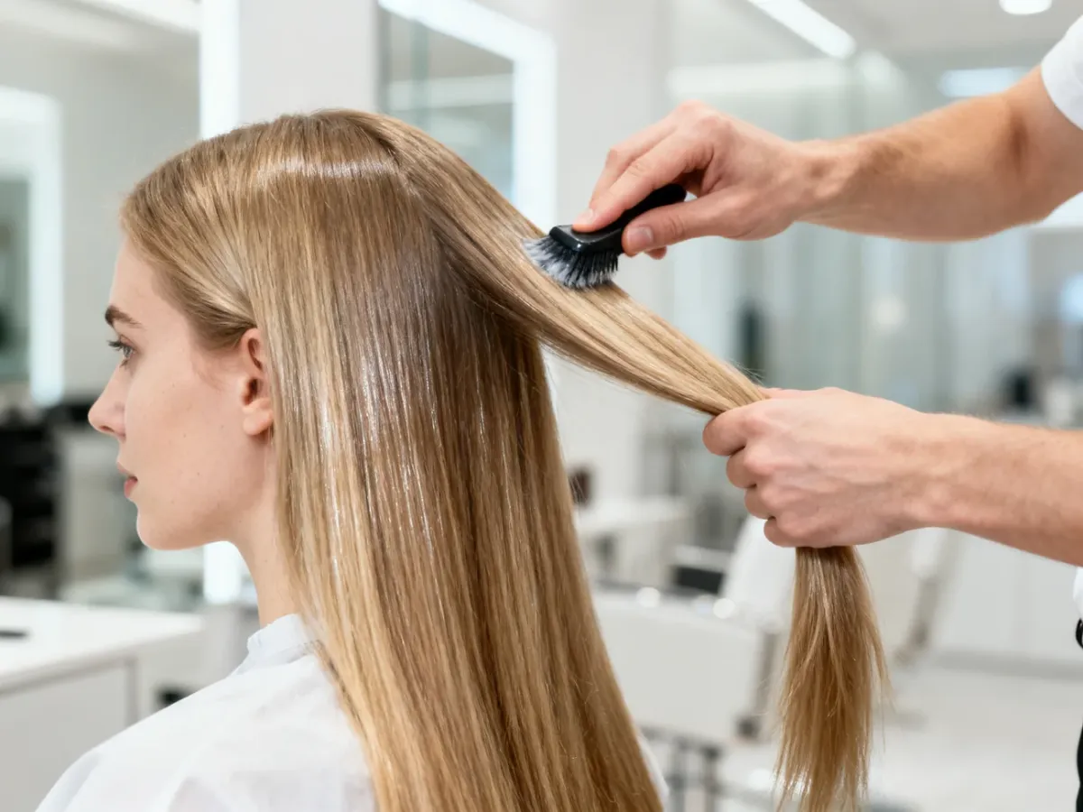 Fryzjerka nakłada preparat na długie, lśniące włosy klientki w nowoczesnym salonie fryzjerskim.