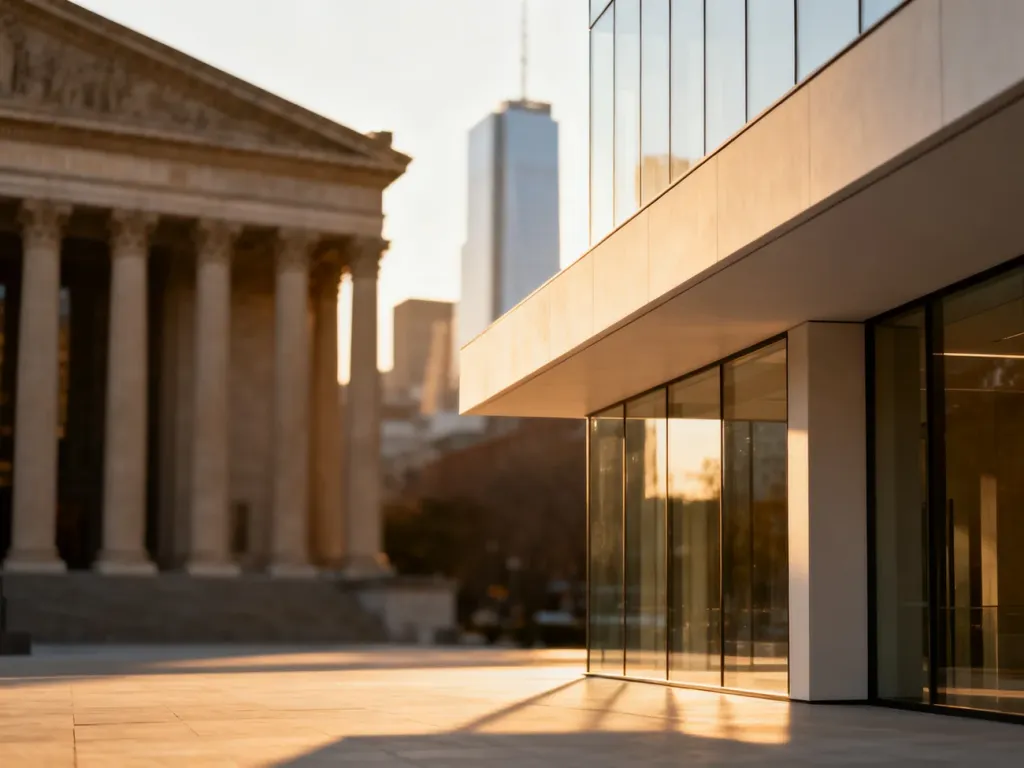 Nowoczesna fasada budynku w stylu minimalistycznym na tle panoramy miasta łączącej architekturę klasyczną z nowoczesną.