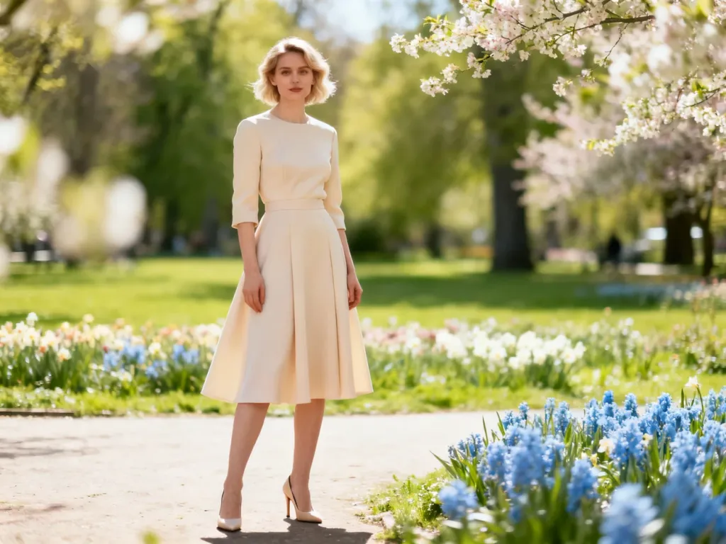 Elegancka kobieta w pastelowej sukience midi w słonecznym ogrodzie, prezentująca stylizację idealną na chrzciny.