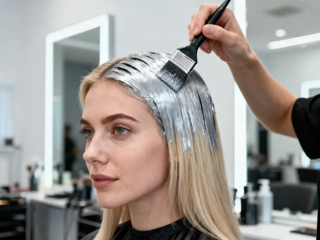 Fryzjerka nakłada pędzelkiem toner na blond włosy klientki w nowoczesnym salonie fryzjerskim.