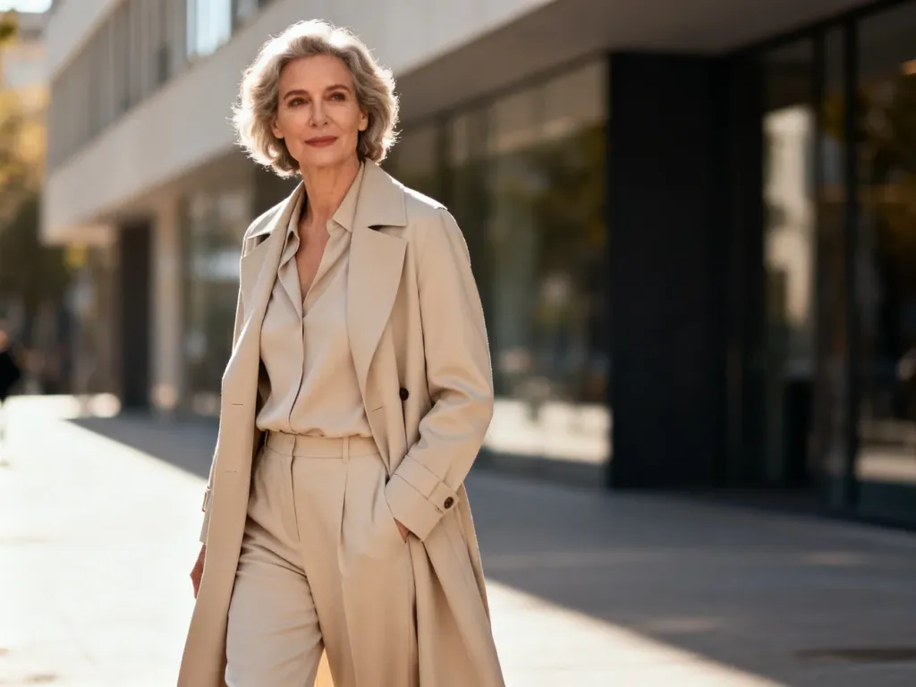 Elegancka kobieta po czterdziestce w beżowym trenczu, prezentująca minimalistyczny i stylowy miejski look.