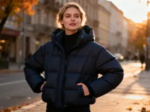 Stylowa kobieta wybierająca ubrania w jasnej, minimalistycznej garderobie, szukająca inspiracji do własnego stylu.
