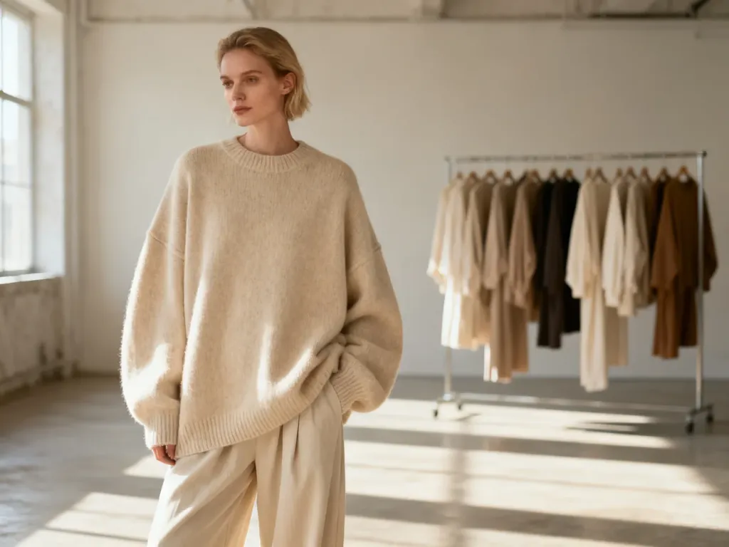 Kobieta w beżowym swetrze oversize i luźnych spodniach, prezentująca modny, swobodny styl w minimalistycznym wnętrzu.