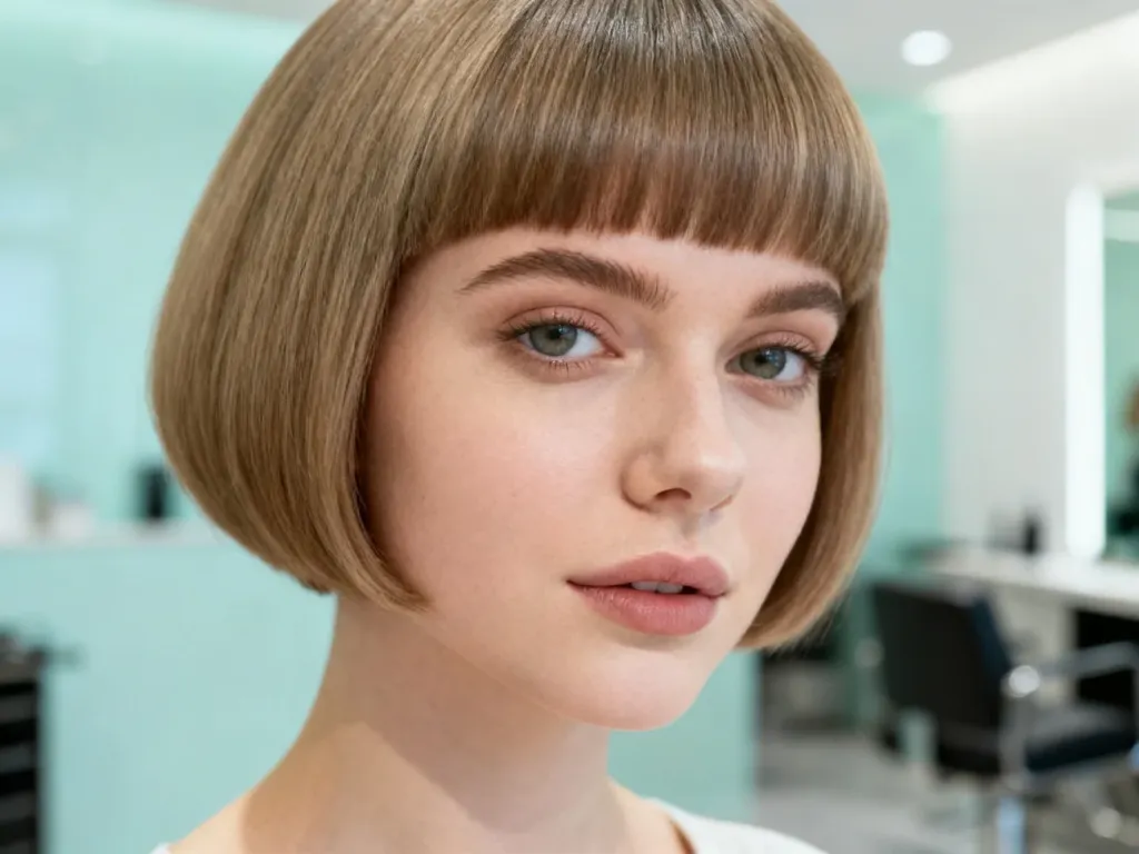 Kobieta z modną grzywką dobraną do okrągłej twarzy, prezentująca elegancką fryzurę w profesjonalnym salonie fryzjerskim.