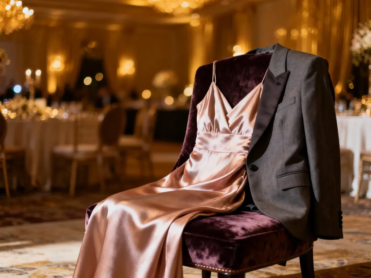 Elegancka sukienka i marynarka przygotowane na przyjęcie urodzinowe w luksusowym wnętrzu.