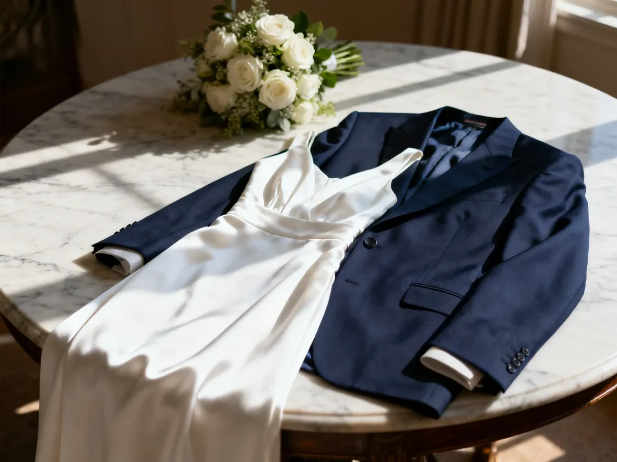 Eleganckie zestawienie białej sukienki i granatowej marynarki na marmurowym stole, idealne jako inspiracja na ślub cywilny.
