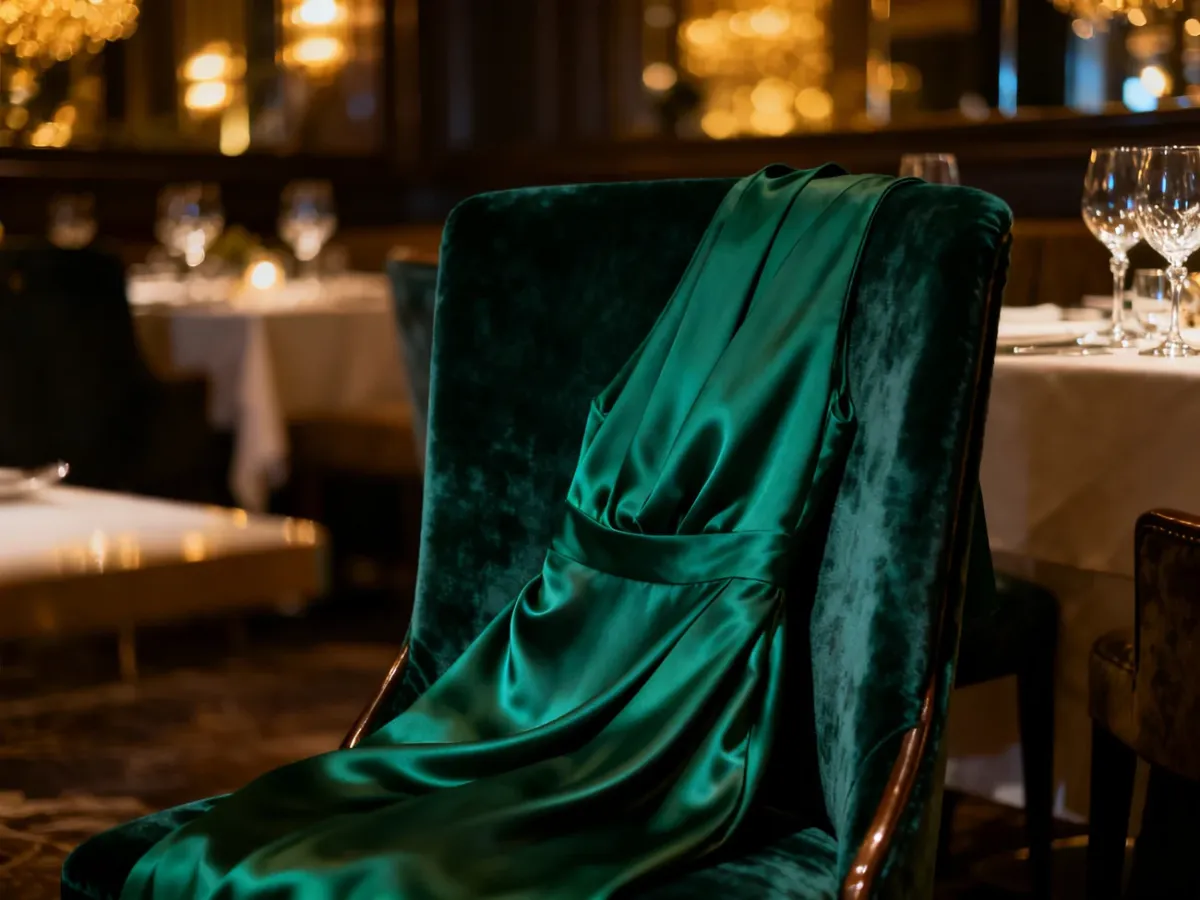 Elegancka szmaragdowa sukienka z jedwabiu na aksamitnym krześle w stylowym wnętrzu restauracji.
