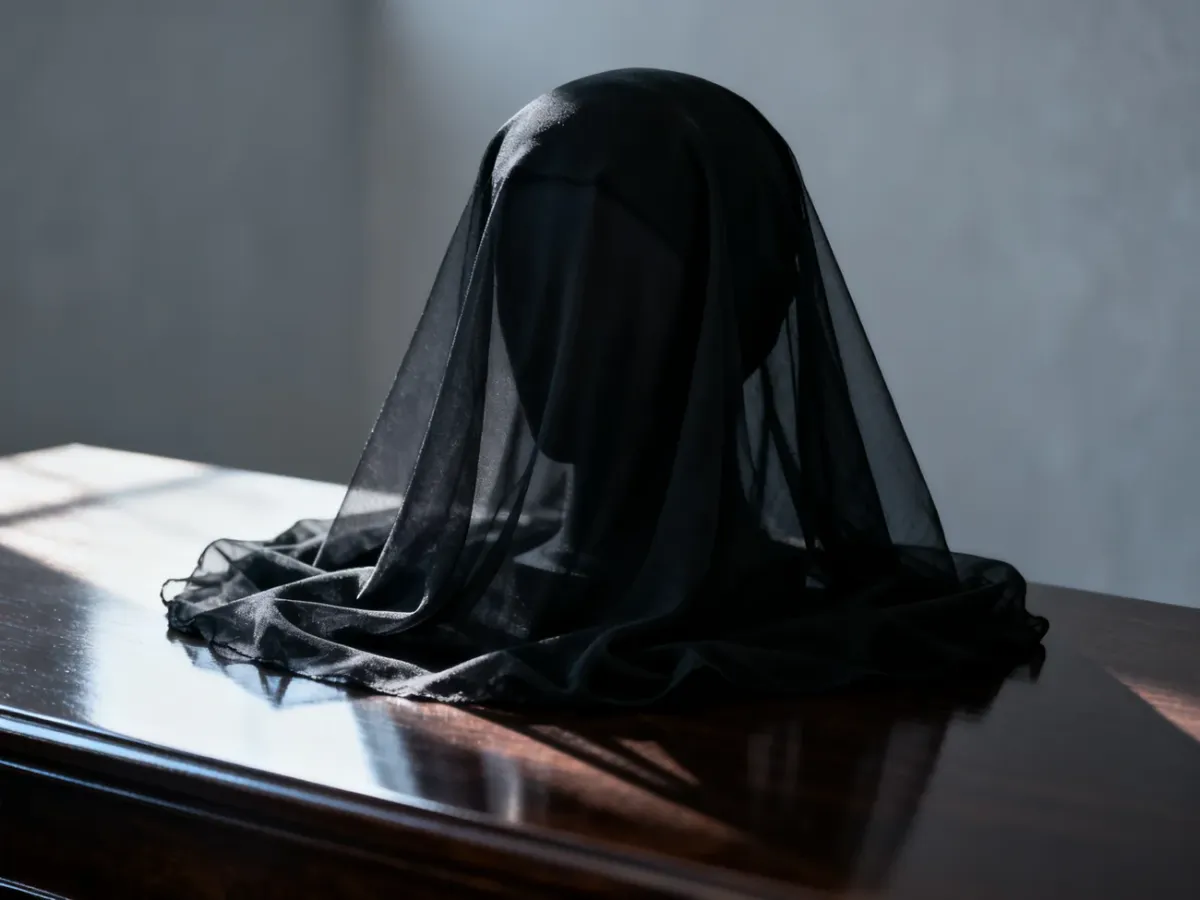 Czarny welon żałobny leżący na drewnianym blacie, symbolizujący powagę i szacunek podczas ceremonii pogrzebowej.