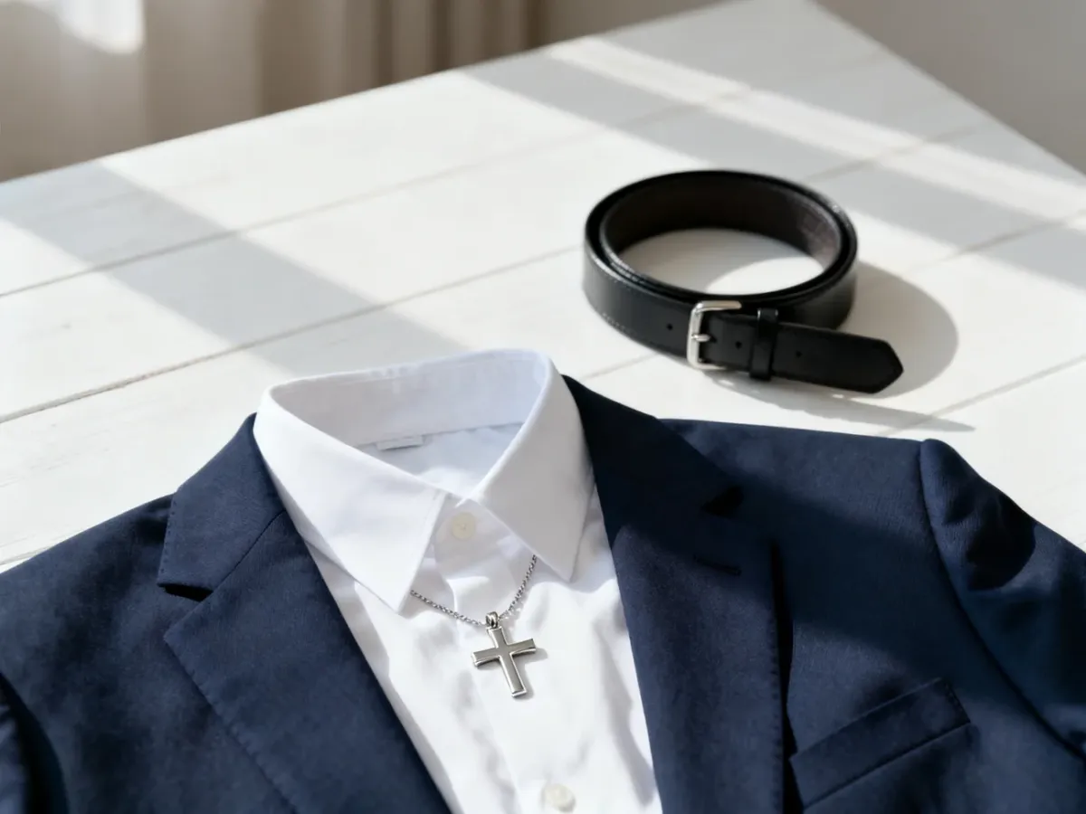Elegancki zestaw ubrań na bierzmowanie: granatowa marynarka, biała koszula, srebrny krzyżyk i czarny pasek na jasnym tle.