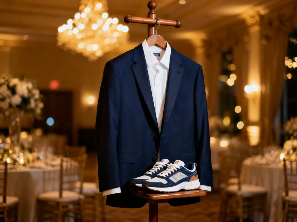 Granatowa marynarka, biała koszula i eleganckie sneakersy na stojaku w tle sali weselnej. Stylizacja męska na wesele.