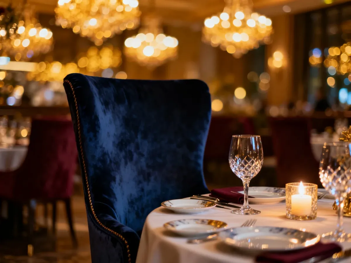 Elegancko nakryty stół w restauracji z nastrojowym oświetleniem, idealny na uroczyste przyjęcie z okazji 60. urodzin.