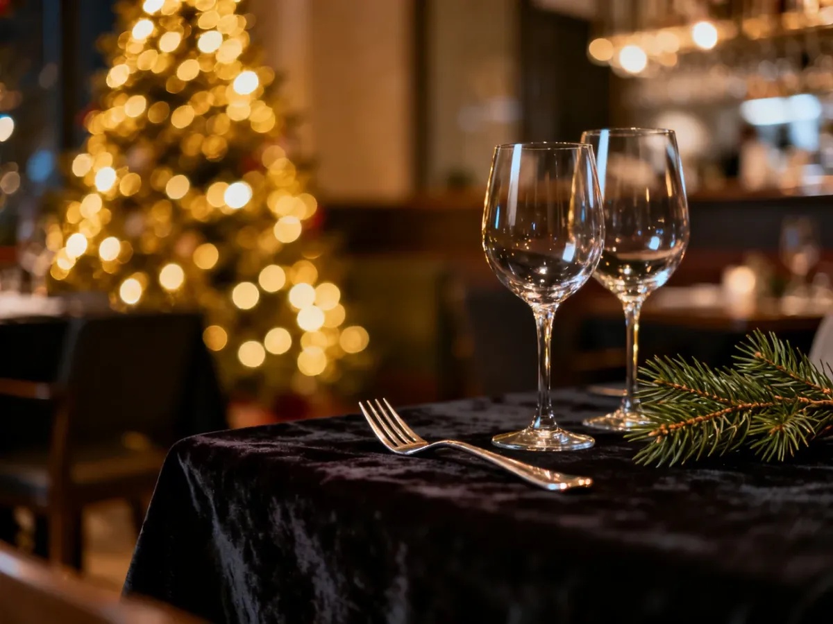 Eleganckie nakrycie stołu w restauracji z kieliszkami i gałązką igliwia na tle rozmytych świątecznych świateł.