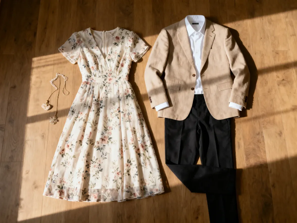 Eleganckie propozycje stylizacji na poprawiny: zwiewna sukienka w kwiaty oraz zestaw z beżową marynarką i koszulą.
