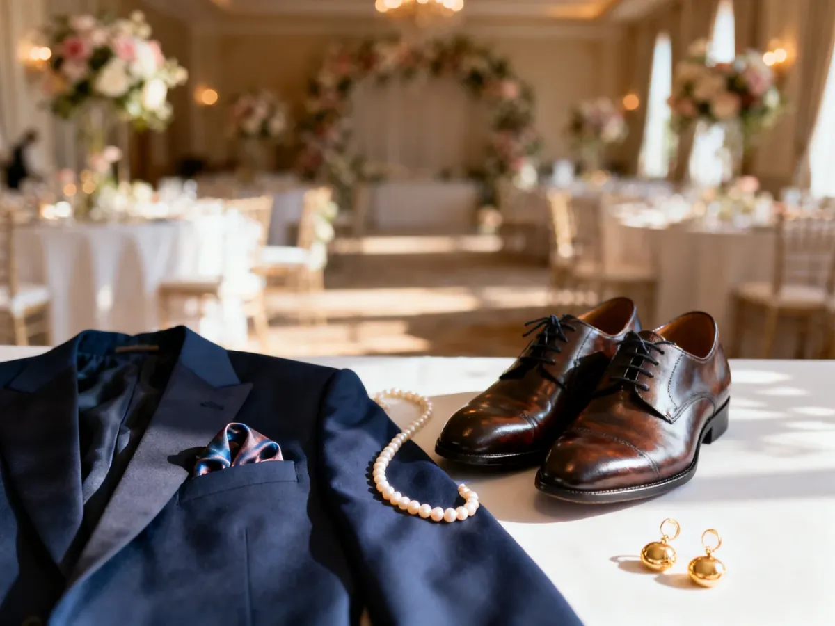 Elegancki zestaw ubrań i dodatków na wesele: granatowa marynarka, skórzane buty oraz delikatna biżuteria w sali bankietowej.