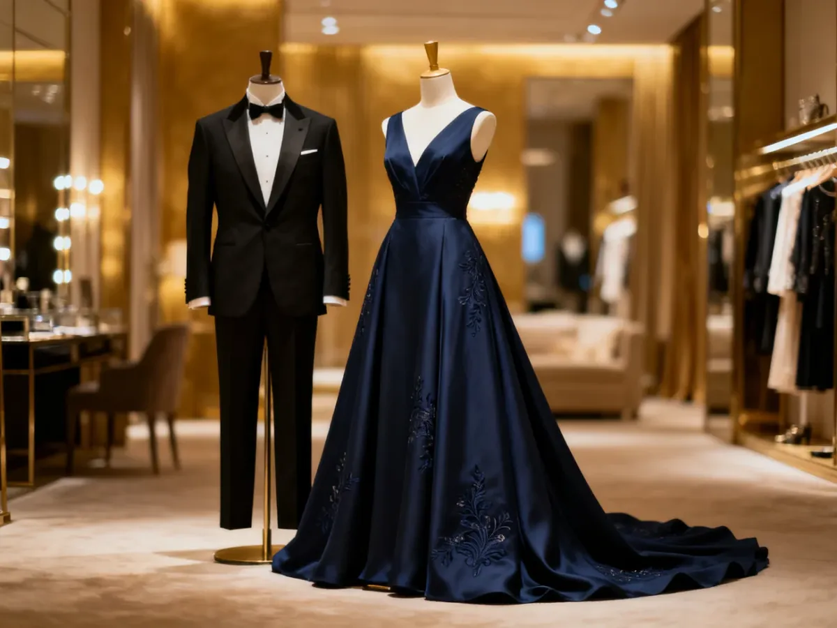 Eleganckie manekiny w smokingu i wieczorowej sukni w luksusowym butiku, prezentujące propozycje stylizacji na studniówkę.