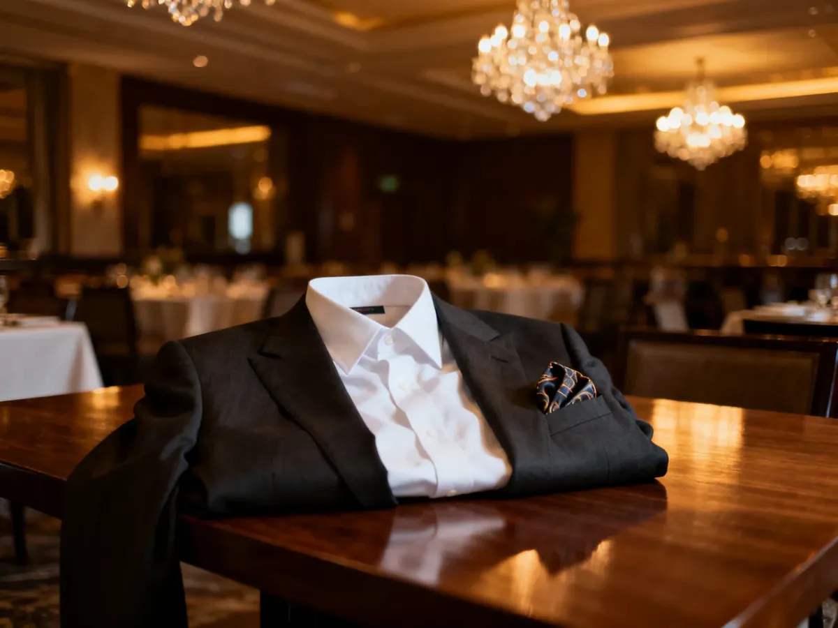 Elegancka marynarka, biała koszula i poszetka przygotowane na uroczystość w restauracji.