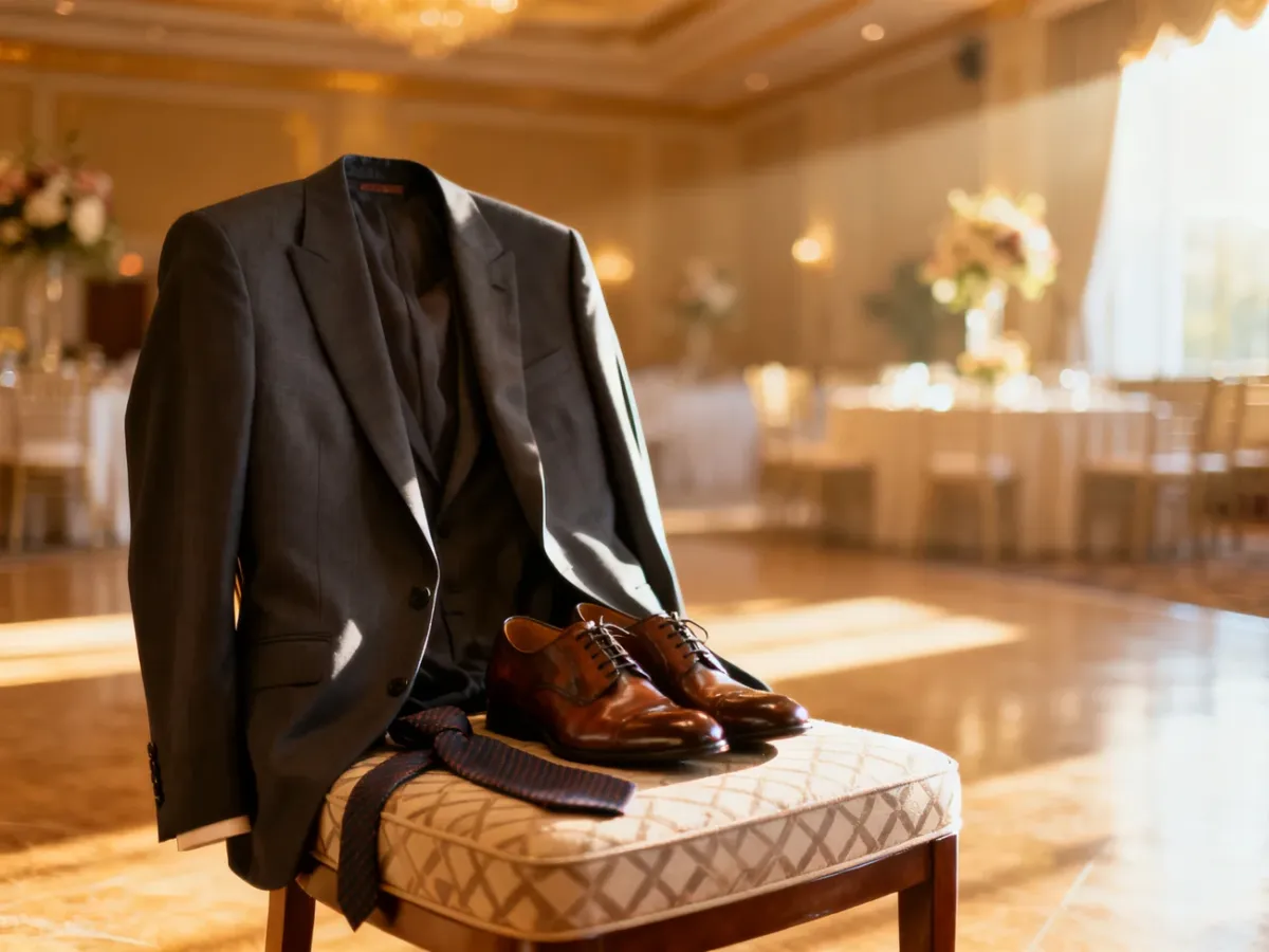 Elegancki męski garnitur, skórzane buty i krawat przygotowane na wesele w luksusowym wnętrzu sali balowej.